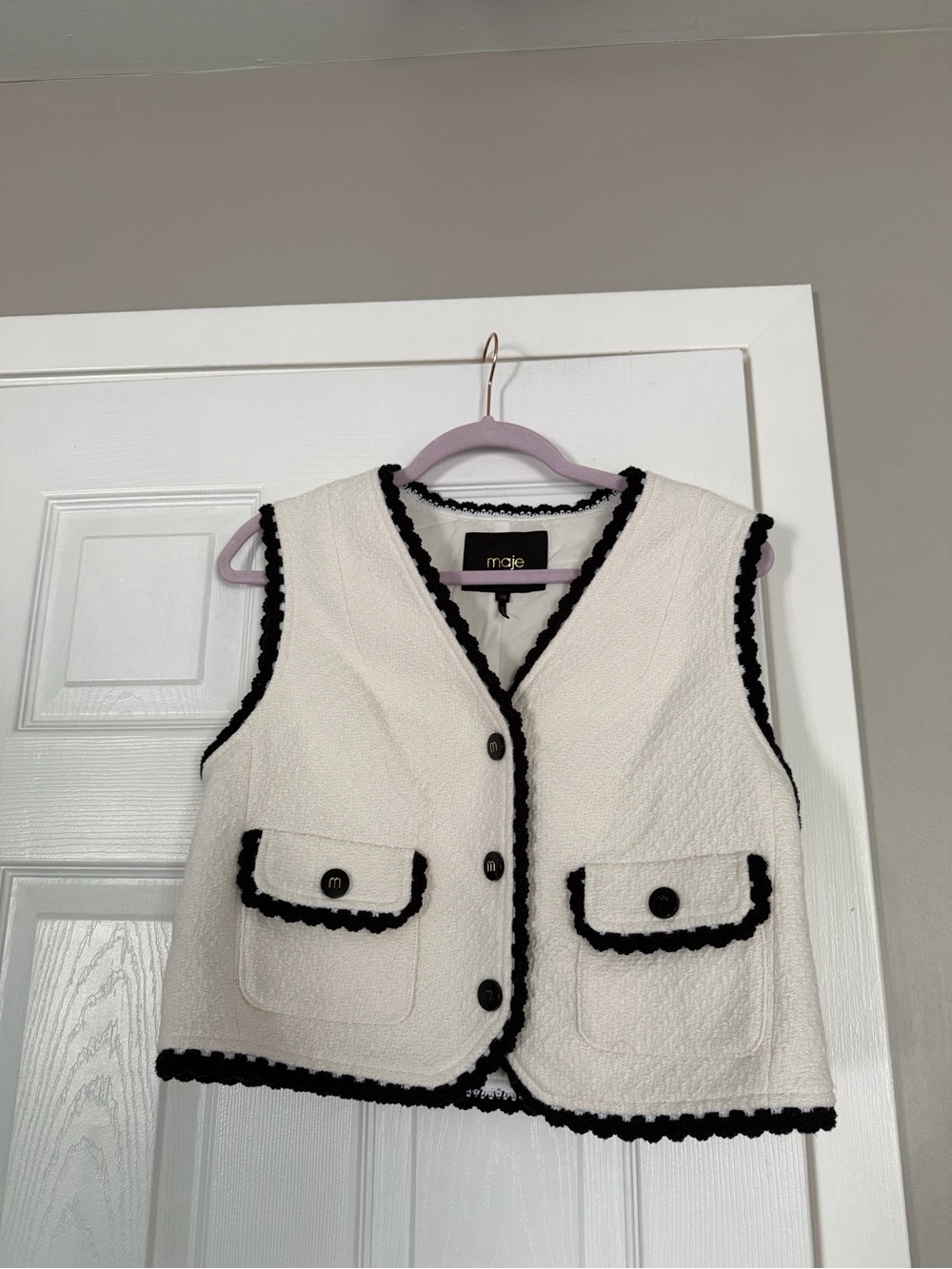 Maje Vitosio Tweed Vest Jacket Cream Black Lace Trim EU40
